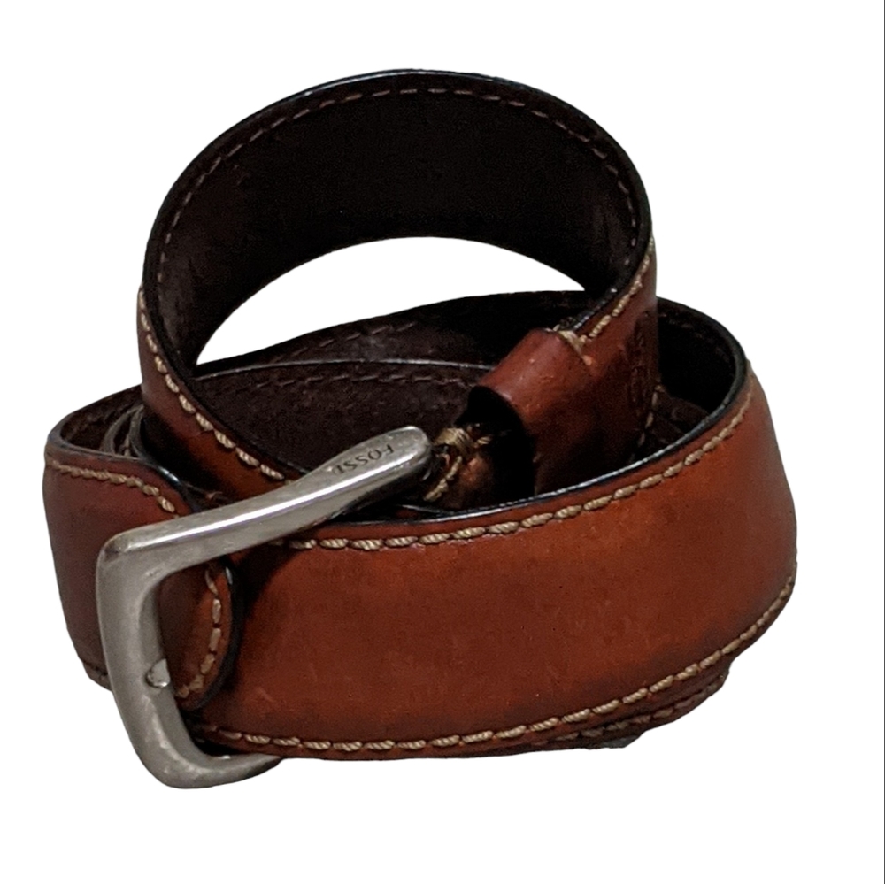 Fossil Aiden brown leather belt silver tone buckle size 40